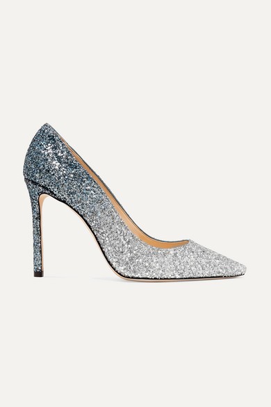 Jimmy Choo - Romy 100 Dégradé Glittered Suede Pumps - Silver | NET-A-PORTER (US)