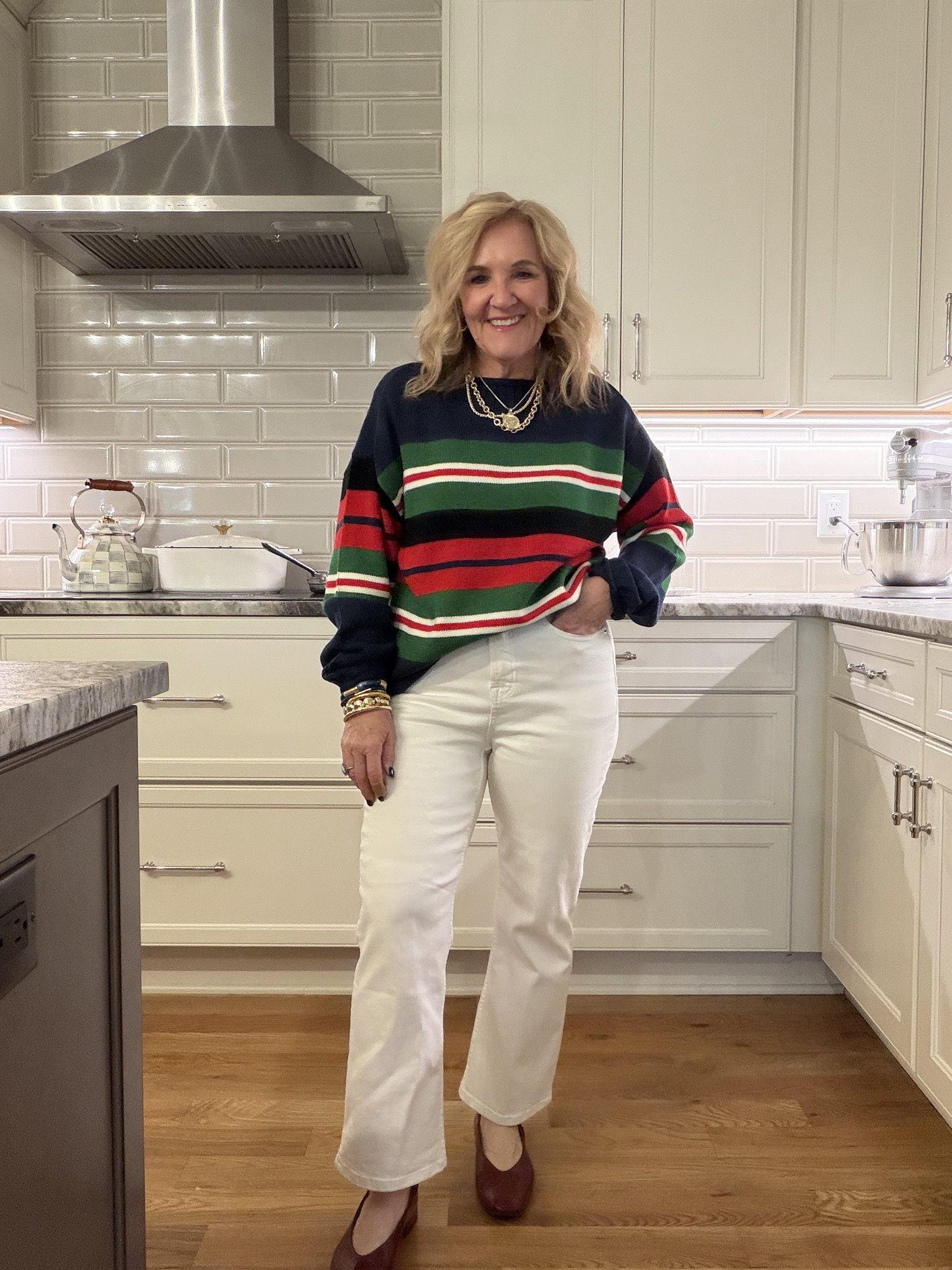 Amazon sweater inspired by JCREW 
This sweater the colors are fantastic. But it’s a polyester blend. No cotton. If you want 100% cotton order the original from JCREW. 
Jeans are ecru from spanx. Size up 2 sizes! I’m in a 12. Great tummy control and comfortable. Functional zipper and button  
20% off my jewelry code NANETTE20
#LTKOver40 #LTKFindsUnder100 #LTKPetite