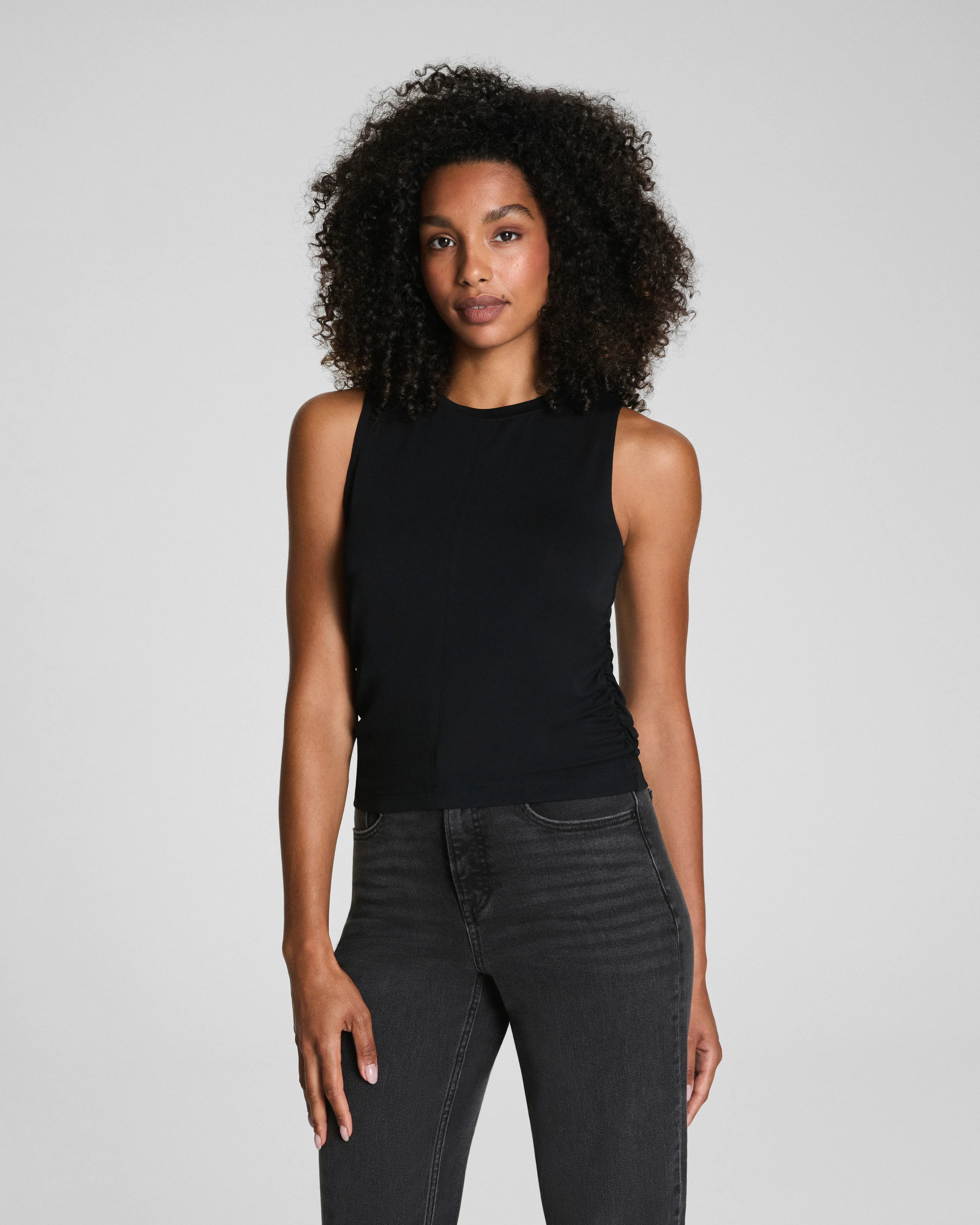 Spanx Women's Sleek Jersey High Neck Ruched Tank Top in Black | Spanx