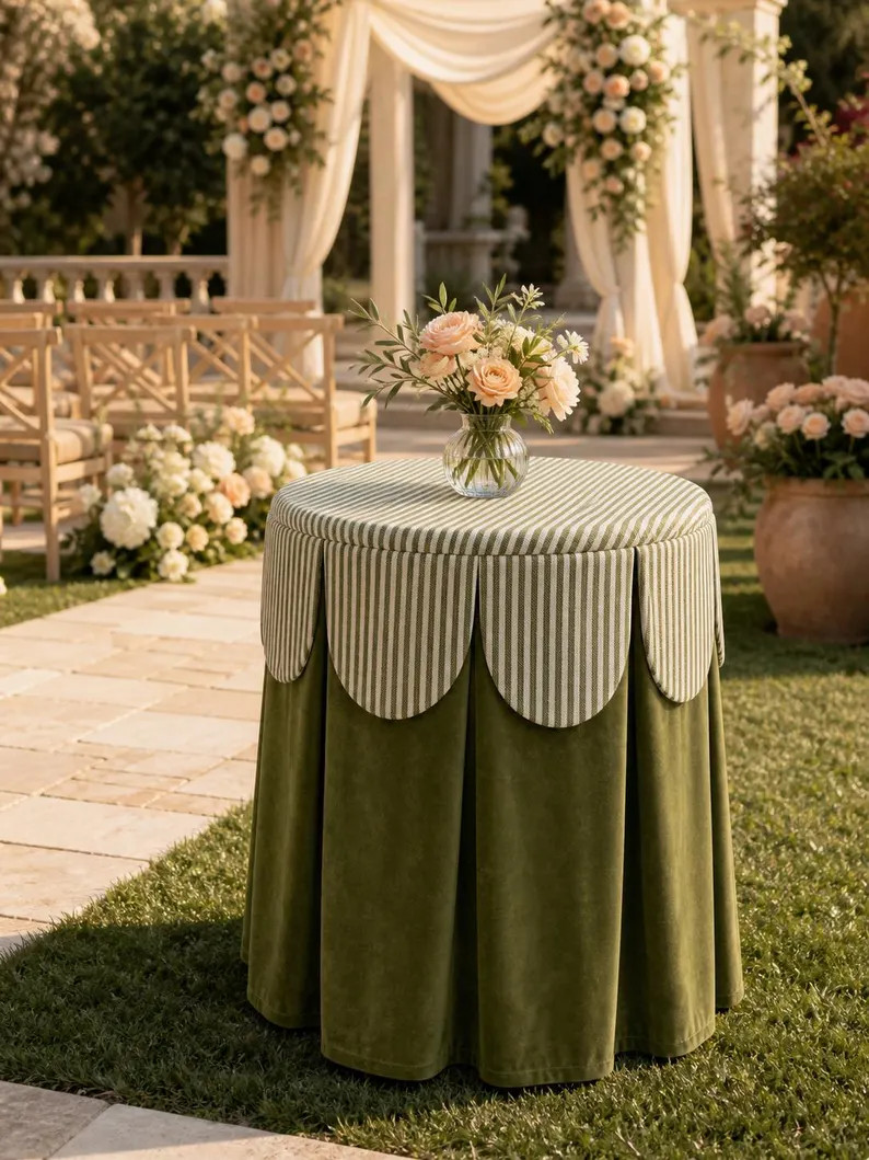 Scalloped Stripe Round Table Skirt, Olive Green Fabric Table Cover, Wedding Cocktail Tablecloth, ... | Etsy (Global)