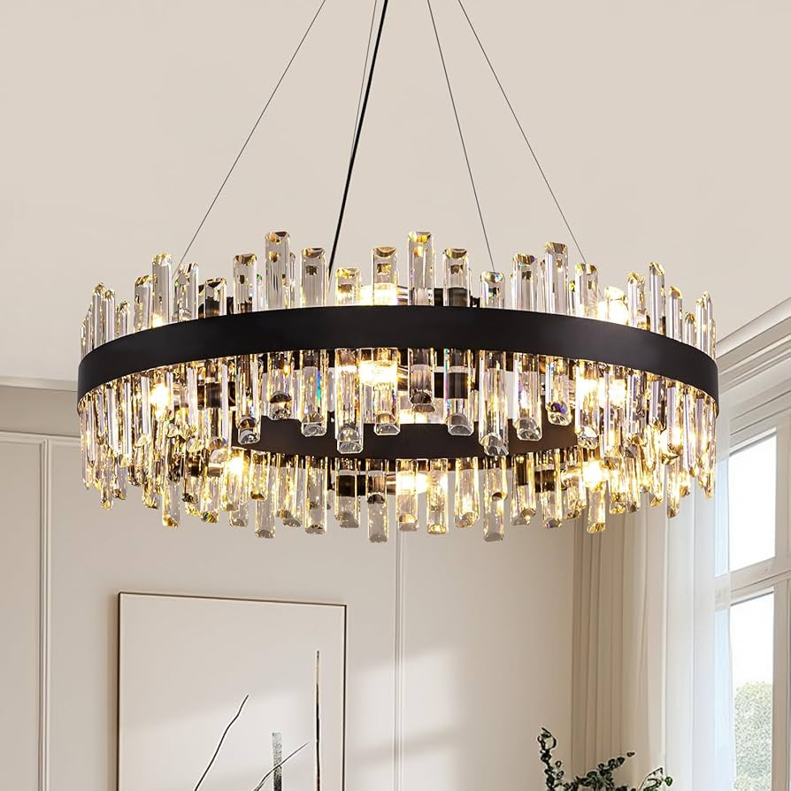 Siljoy Modern Black Crystal Chandelier 16 Lights Industrial Round 2-Tiers K9 Crystal Raindrop Cha... | Amazon (US)
