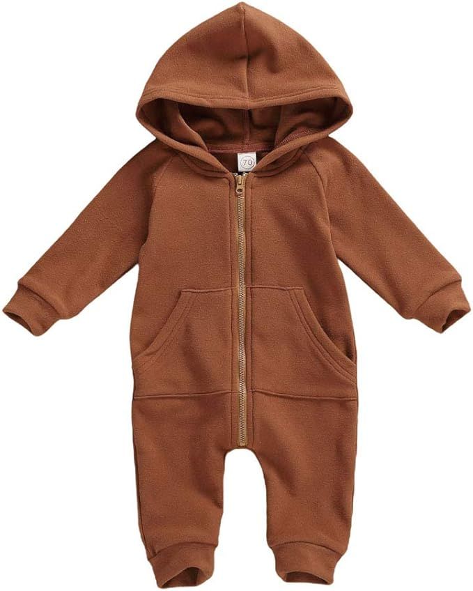 Infant Baby Boys Girls Zipper Warm Hooded Romper Jumpsuit Solid Long Sleeve Bodysuit Outfit Fall ... | Amazon (US)