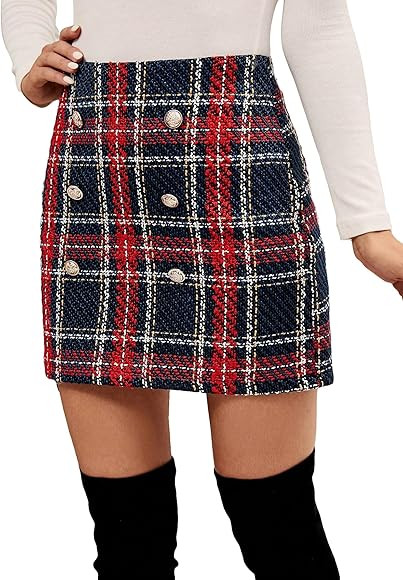 SweatyRocks Women's Elegant High Waist A-line Plaid Tweed Mini Skirt | Amazon (US)