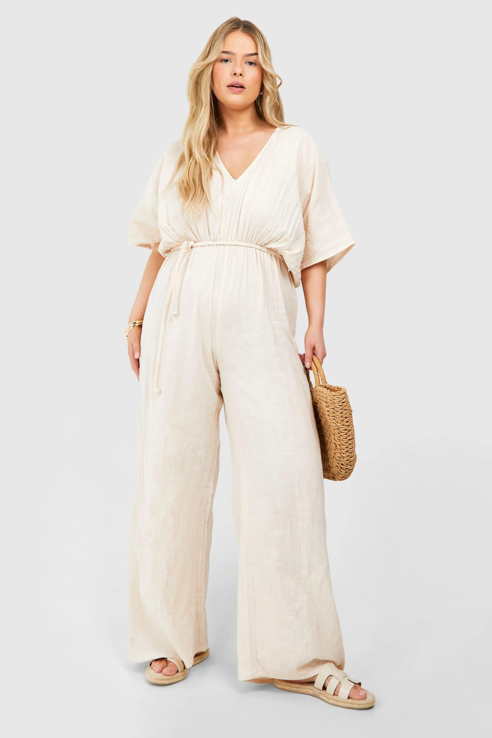 Plus Textured Plunge Belted Jumpsuit | boohoo (US & Canada)
