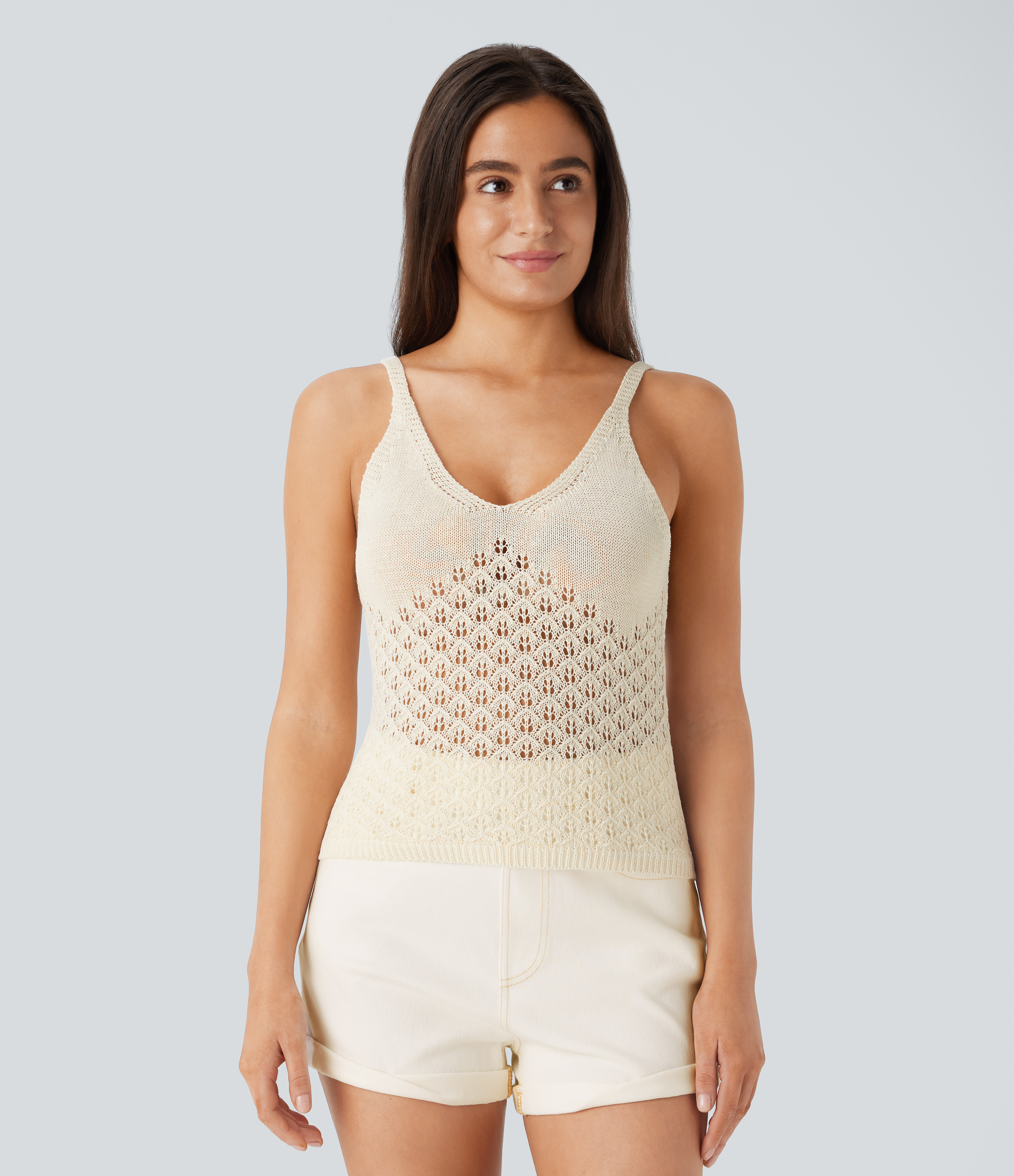 Halara V Neck Cut Out Casual Sweater Knit Linen-Feel Tank Top - Light Beige - XS golf tops halter top tunic tops sleeveless tops | HALARA