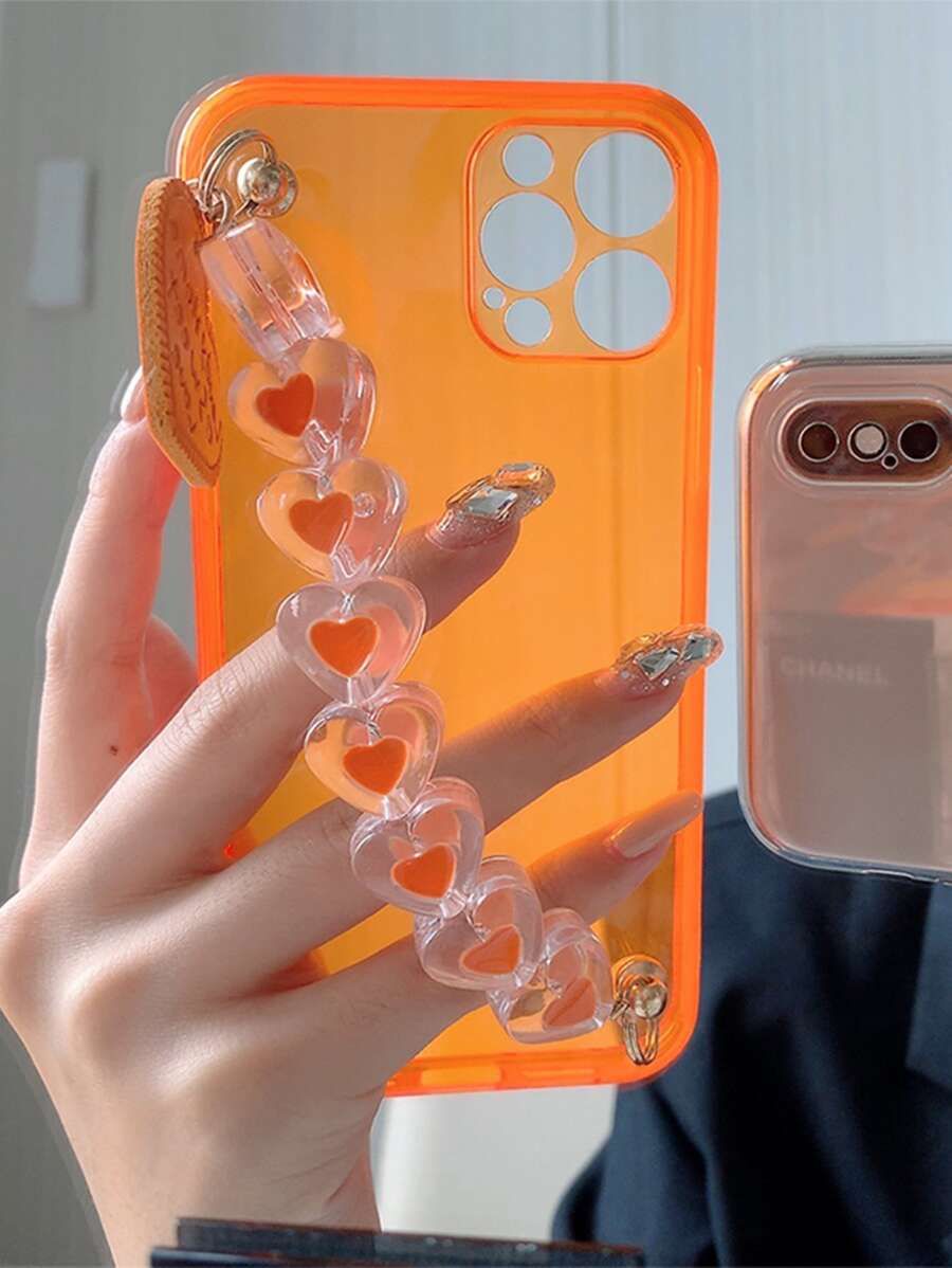 Neon Orange Phone Case With Heart Decor Hand Strap | SHEIN