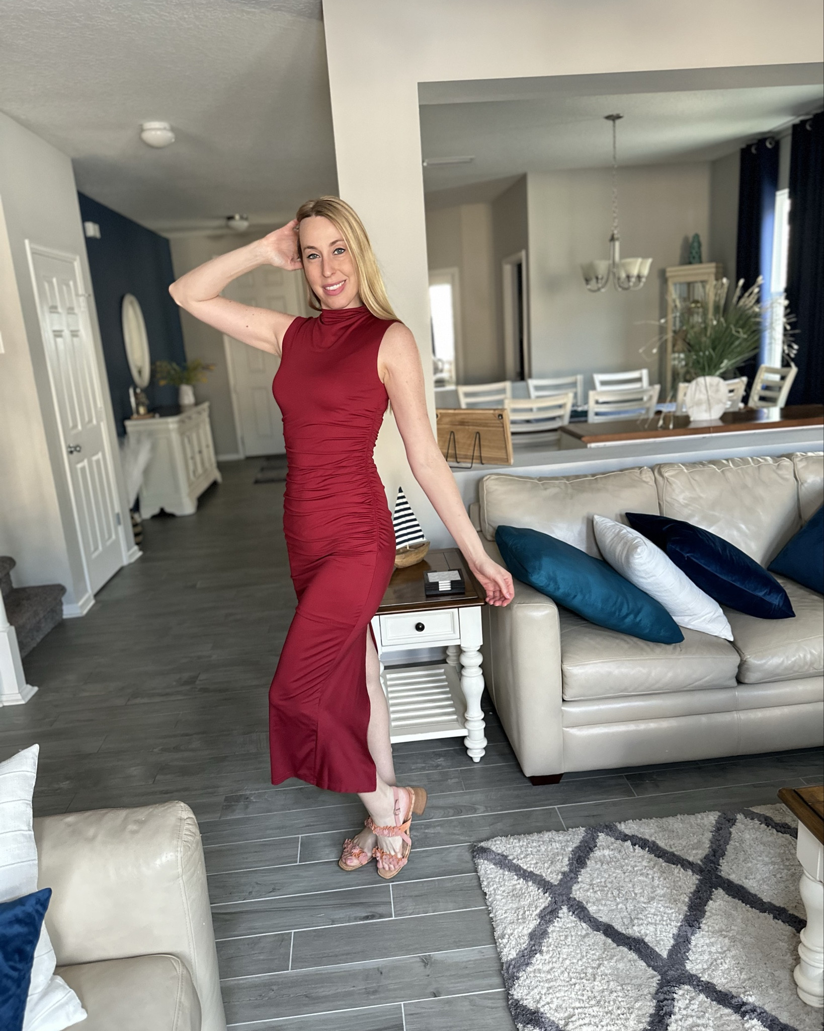 Long fitted red wine dress  
❤️ this is so cute for spring, and summer 
❤️  this is great to wear to weddings and it fits true to size plus it looks great with curves
❤️ I am wearing size small, I am 5’10”

#LTKFindsUnder50 #LTKFindsUnder100 #LTKStyleTip