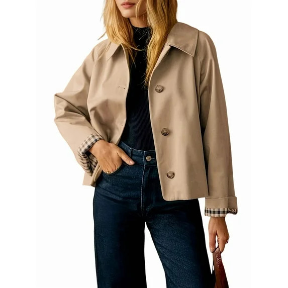 Women Cropped Trench Coat Light-Weight Single Breasted Jacket Fall Windbreaker Fashion Outerwear ... | Walmart (US)