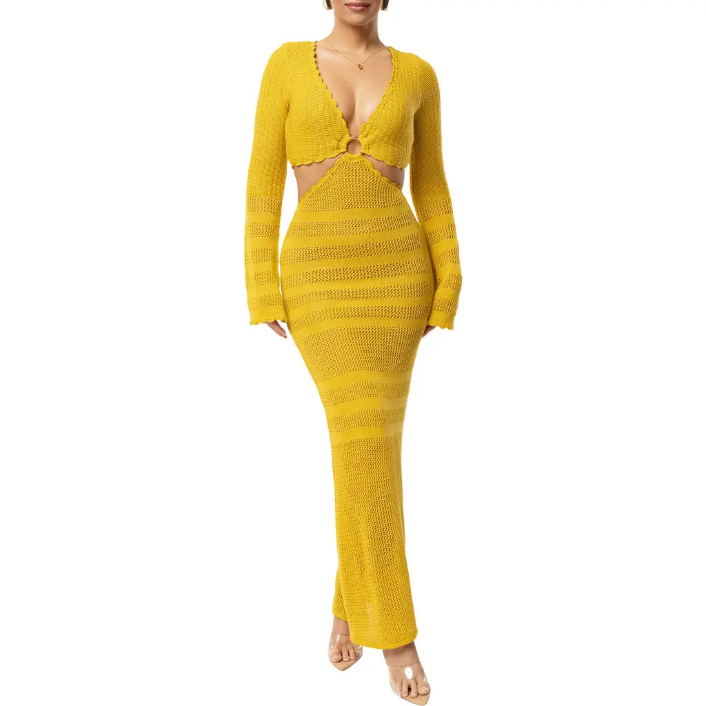 JLUXLABEL Blossom Haven Open Stitch Long Sleeve Knit Maxi Dress in Yellow at Nordstrom, Size X-Small | Nordstrom