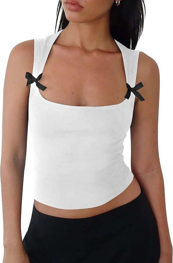 Women Y2k Bow Tank Top Sleeveless Scoop Neck Crop Tops Aesthetic Bow Cami Shirts Preppy Clothes S... | Amazon (US)