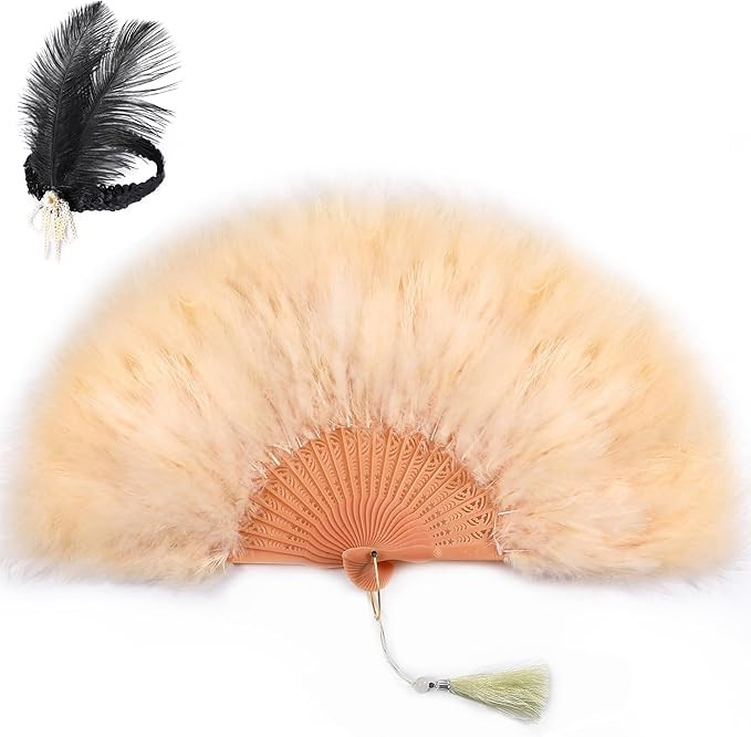 Champagne Feather Fan with Headband - Burlesque Accessories,Burlesque Marabou Feather Fan,Abanico... | Amazon (US)