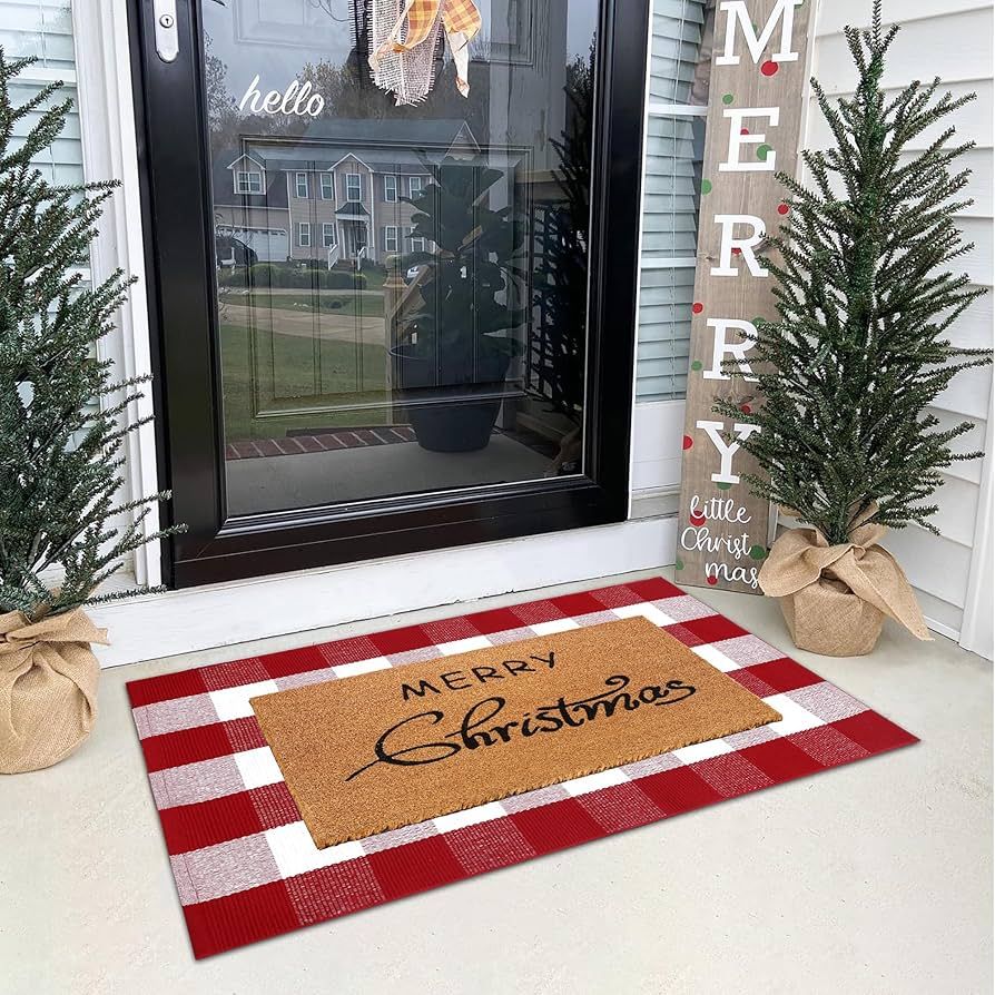 Christmas Door Mat Combo Set - 100% Coco Coir Welcome Mat + 28 x 43 Inch Red and White Plaid Rug,... | Amazon (US)