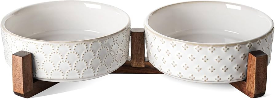 LE TAUCI Dog Bowl Set with Acacia Wood Stand - 1.5-Cup Ceramic Puppy Bowls for Small Dogs, Dual F... | Amazon (US)