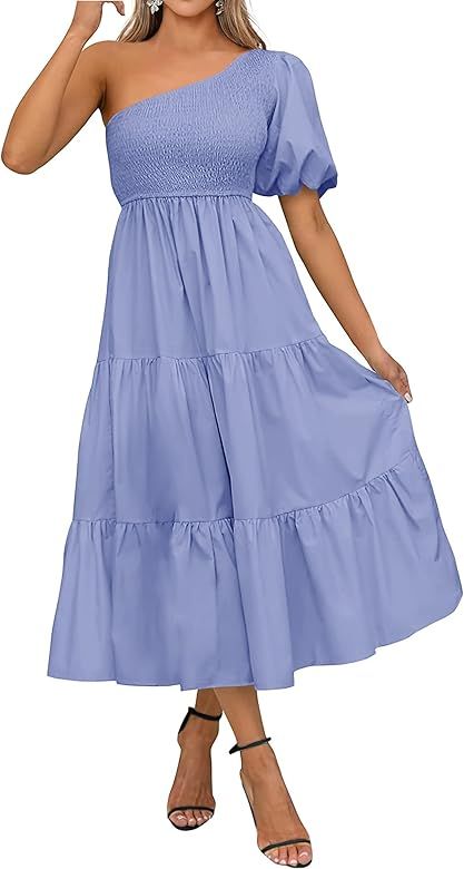 BTFBM Women Casual Summer Dresses 2023 One Shoulder Short Sleeve Midi Dress Boho Solid Color Smoc... | Amazon (US)