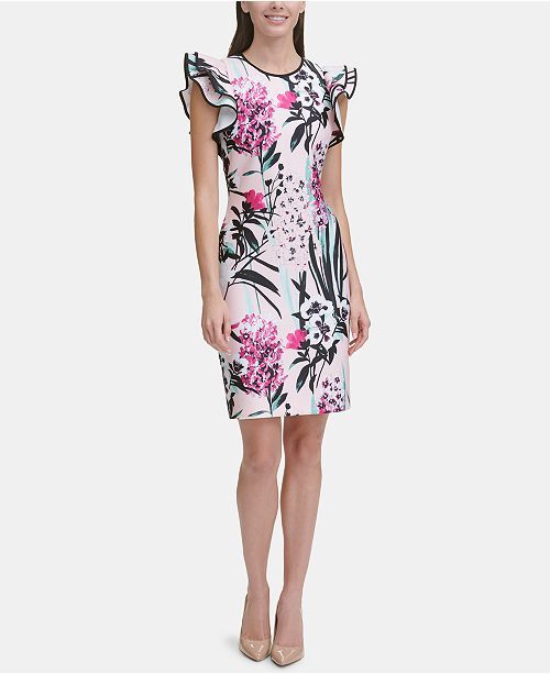 Printed Ruffle-Sleeve Scuba Sheath Dress | Macys (US)