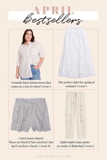 April Bestsellers - white tiered maxi skirt (fully lined and not see through!), striped linen button up shirt, boxer shorts, cargo pants

Everyday spring style, affordable fashionn

#LTKmidsize #LTKstyletip #LTKcanada