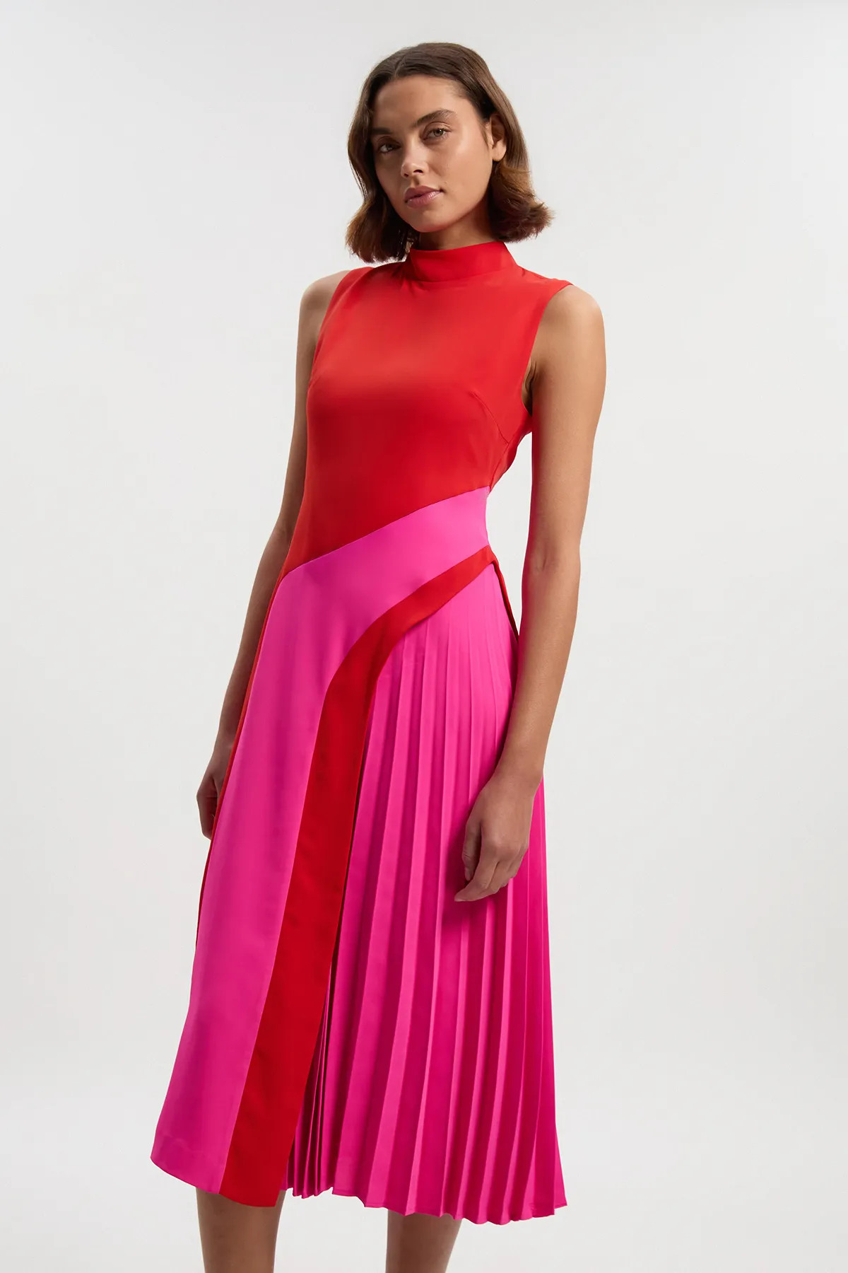 Soft Tailored Colour Block High Neck Pleated Midi Dress | Karen Millen