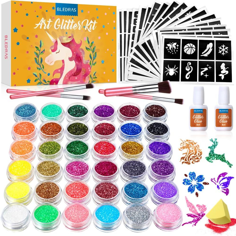 Glitter Tattoo Set, Bledras 36 Colors Kids Tattoo Set, 178 Stencils, 5 Brushes, 2 Glue, Flash Tat... | Amazon (US)
