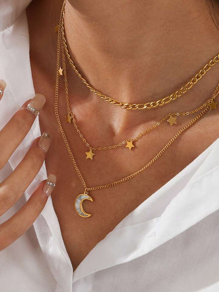 Rhinestone Moon & Star Charm Layered Necklace | SHEIN