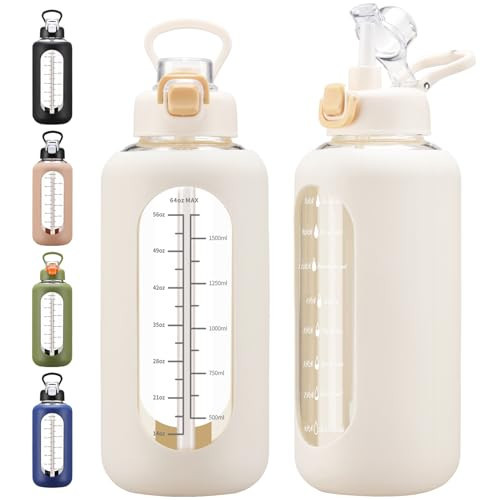 chunmo 64 oz Glass Water Bolttles with Straw Half Gallon Large Motivational Water Bottle with Time Marker Sports Water Bottles with Silicone Sleeve and Handle Lid Water Jug for Gym Workout | Amazon (US)
