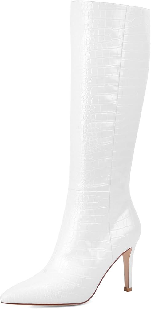 Modatope Knee High Boots Women Faux Crocodile High Heel Pointed Toe Tall Boots Side Zipper Long B... | Amazon (US)