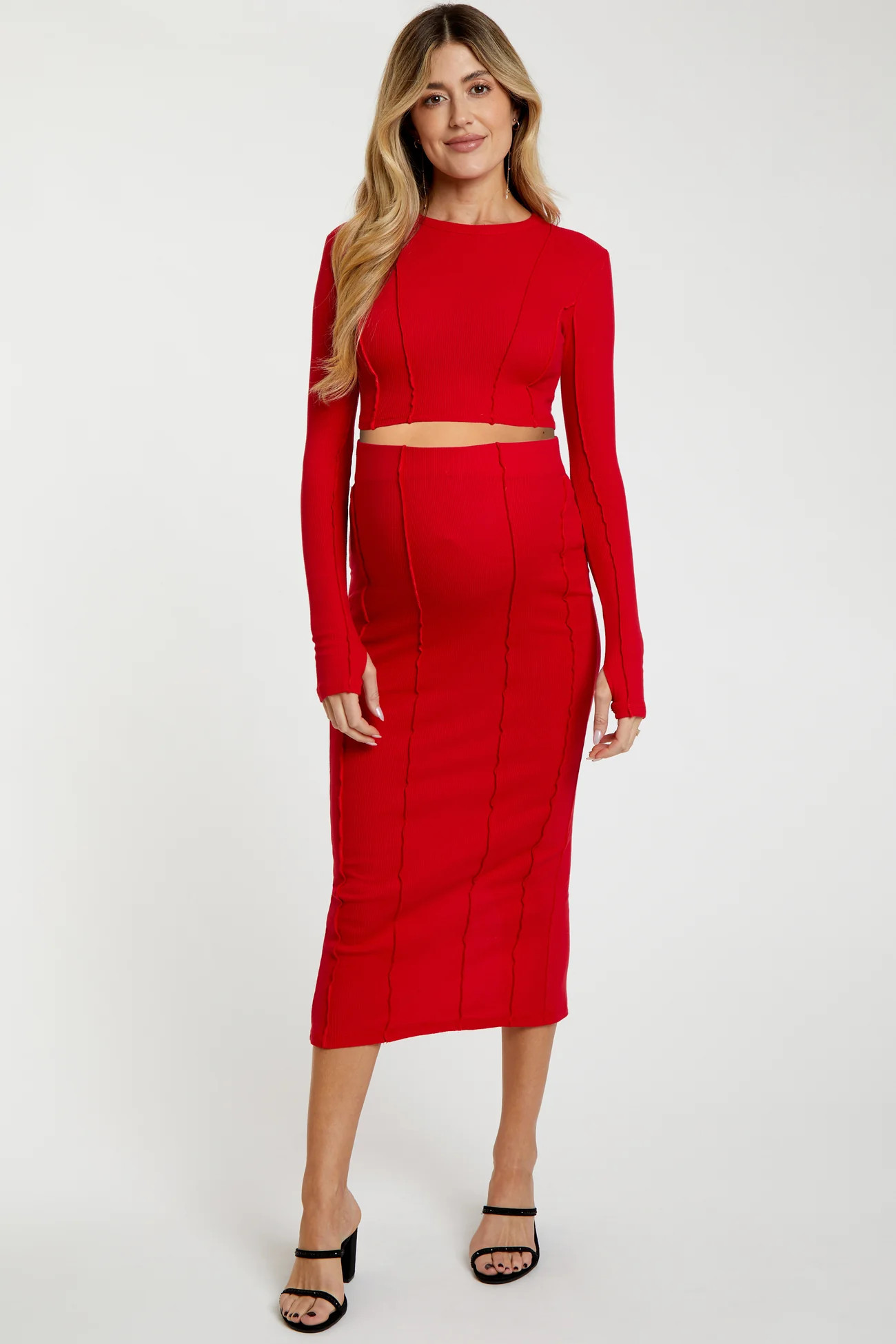 Red Exposed Seams Top and Skirt Maternity Set | PinkBlush Maternity
