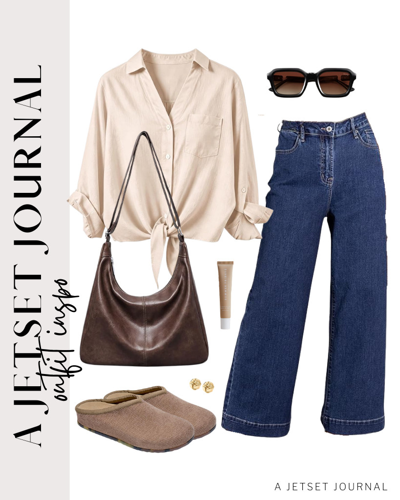 An apricot Omoone tie-front ¾-sleeve shirt goes well with Dokotoo jeans, too! These casual clogs from Project Cloud and a slouchy shoulder bag match this look.

#LTKSeasonal #LTKSaleAlert #LTKTravel
 

 