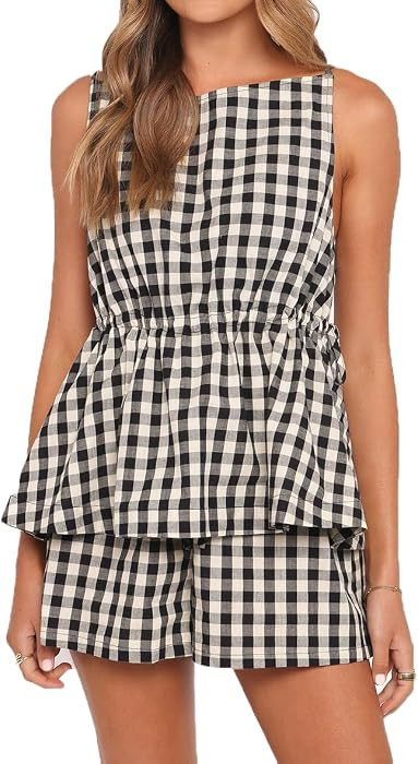 Women's Gingham Drawstring Tie Top And Shorts Cotton 2 Piece Outfit | Amazon (US)