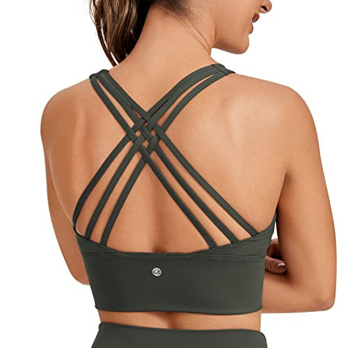 CRZ YOGA Strappy Longline Sports Bras for Women - Wirefree Padded Criss Cross Yoga Bras Cropped Tank Tops Grey Olive X-Small | Amazon (US)