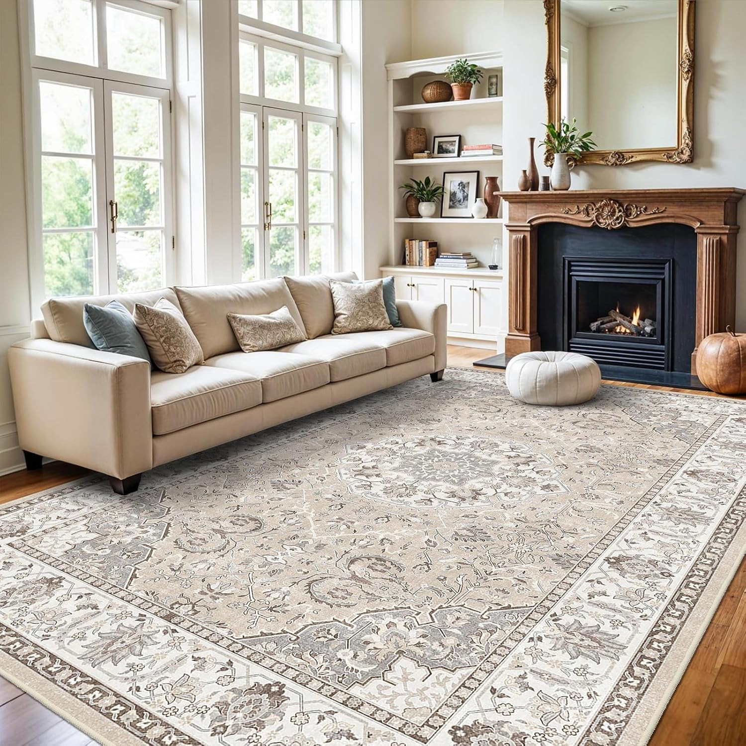 Washable Large 9x12 Area Rug - Living Room Oriental Non Slip Soft Rugs Indoor Low Pile Stain Resistant Carpet for Bedroom Dining Room Farmhouse Distressed Thin Home Decor Floor Mat (9x12 Beige) | Amazon (US)