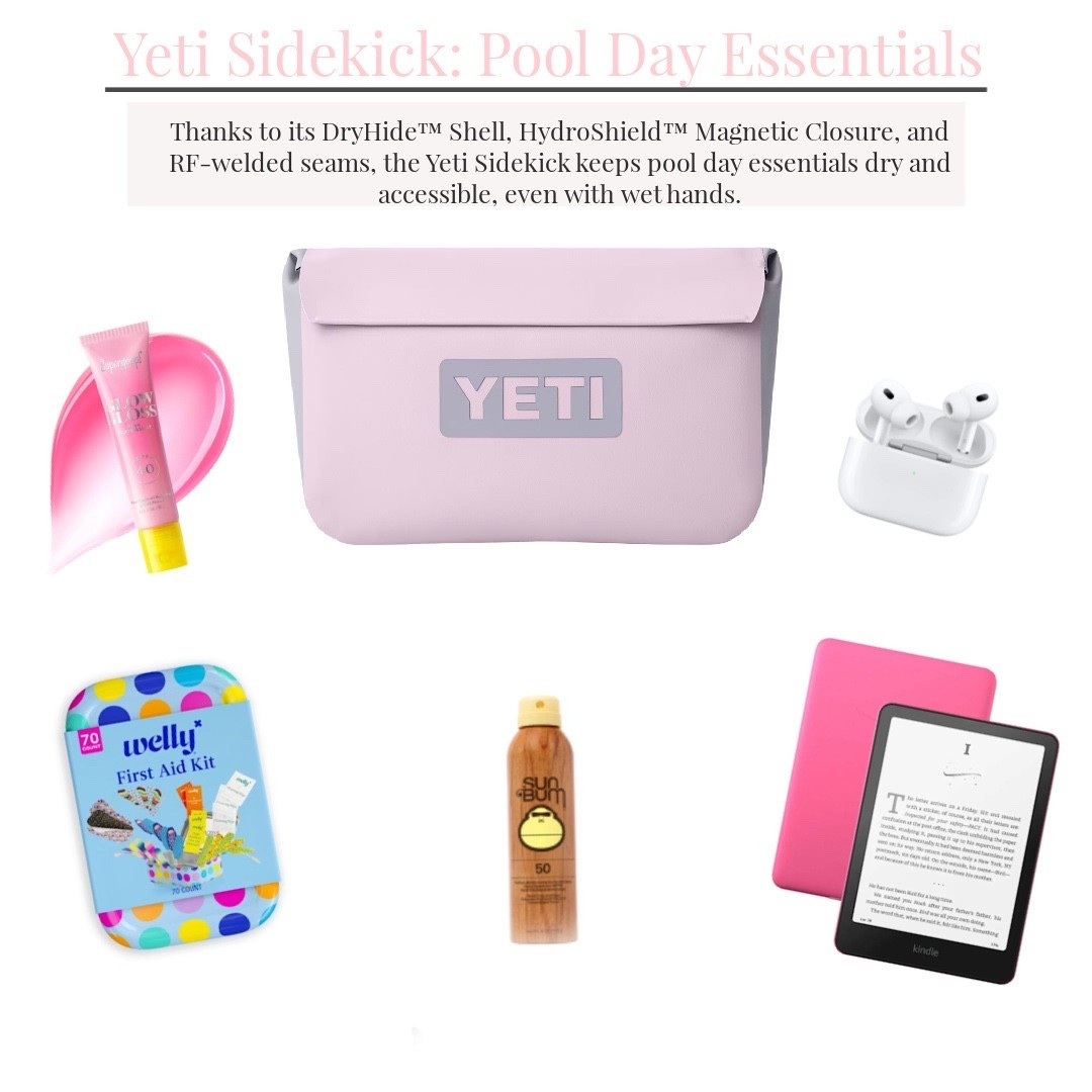 Yeti bag that’s water proof. I wear it with a little belt that makes it double as a belt bag. 
I can fit my bandaids, lip gloss, AirPods, kindle, and iPhone  

#LTKFindsUnder100 #LTKFindsUnder50 #LTKPetite