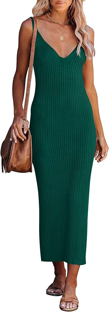 MEROKEETY Womens 2023 Summer V Neck Knit Midi Dress Bodycon Sleeveless Ribbed Sweater Dresses | Amazon (US)
