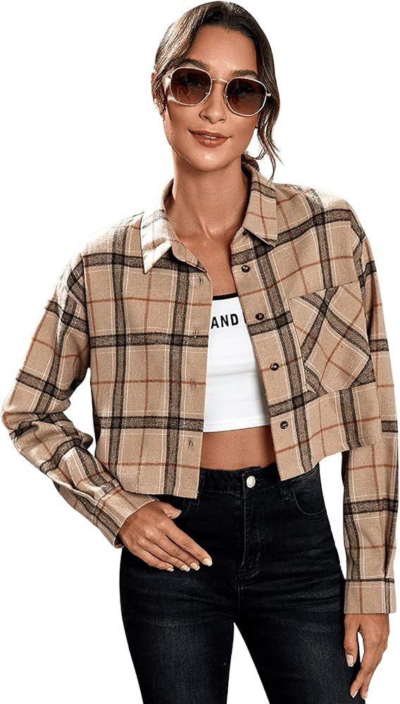 SweatyRocks Women's Cute Color Block Long Sleeve Crop Tops Plaid Button Down Blouse | Amazon (CA)