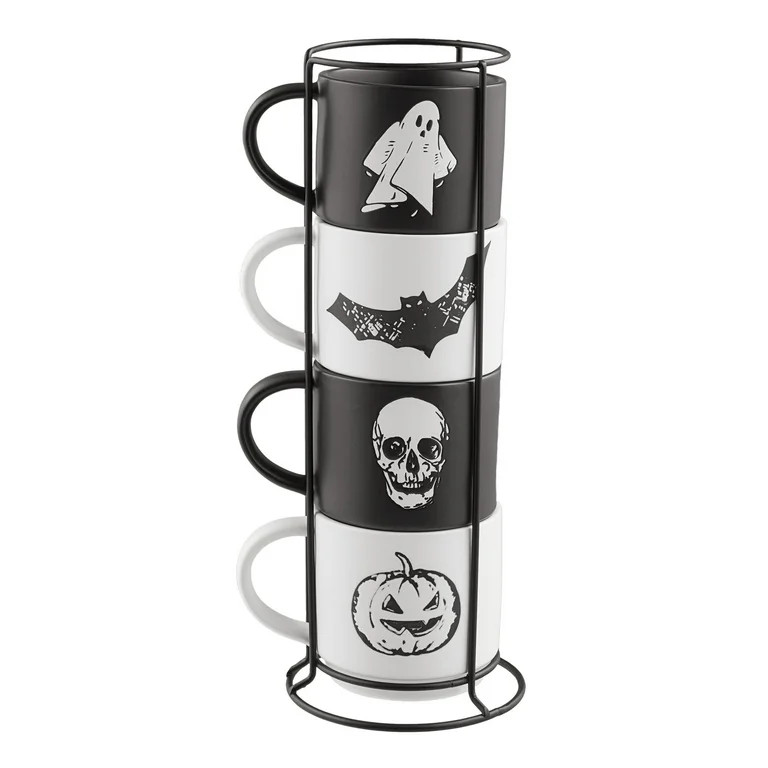 Way to Celebrate 4-Piece 12-Oz Black and White Halloween Icons Glazed Ceramic Stacking Mug Set wi... | Walmart (US)