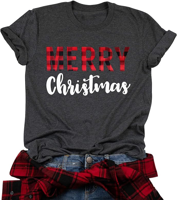 Merry Christmas T-Shirt Women Plaid Graphic Christmas Letter Printed Short Sleeve Casual Tee Shirts  | Amazon (US)