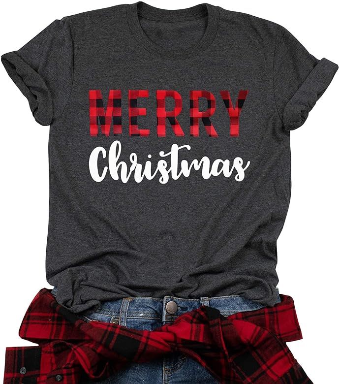Merry Christmas T-Shirt Women Plaid Graphic Christmas Letter Printed Short Sleeve Casual Tee Shirts  | Amazon (US)