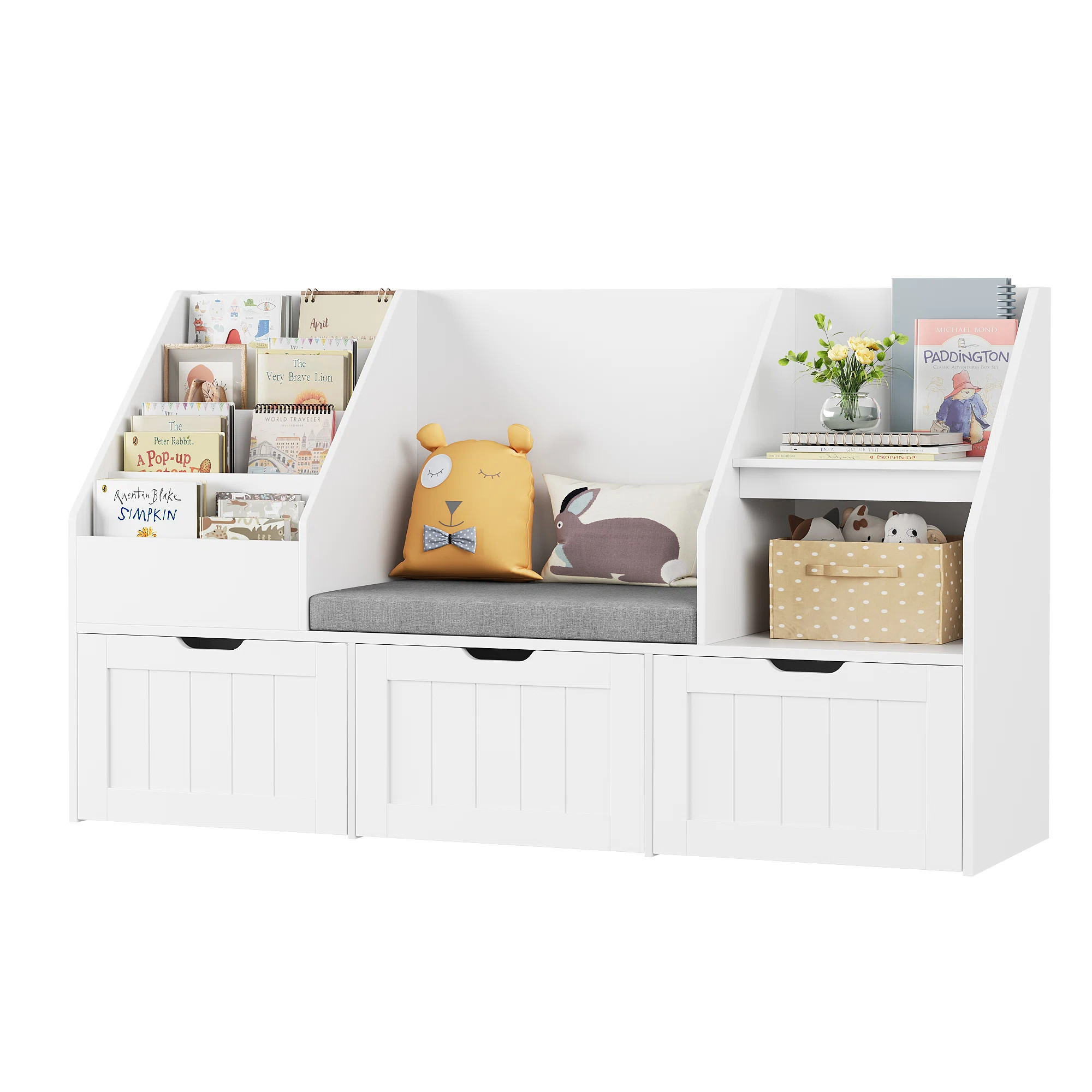 55.1" W x 31.5"H 3-IN-ONE Kids Bookcase with 3 Drawers, Soft Cushion, 4-Layer Bookshelf, Reading ... | Wayfair North America