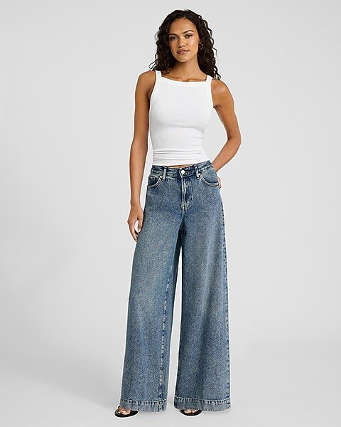 High Waisted Medium Wash Tall Hem Relaxed Wide Leg Jeans | Express