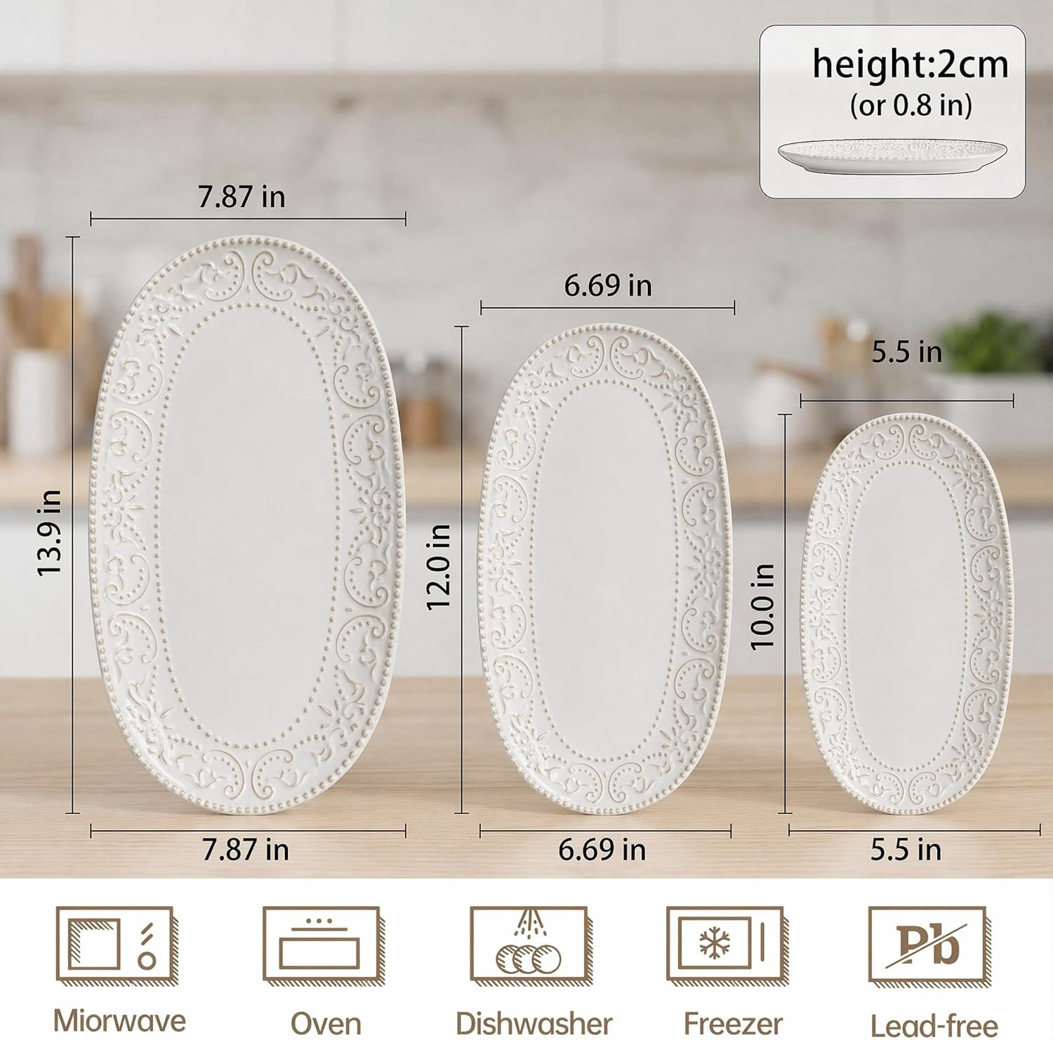 Serving Platters Set, 14"/12"/10" Oval Ceramic Serving Plates, Embossed Serving Trays for Party, ... | Amazon (US)