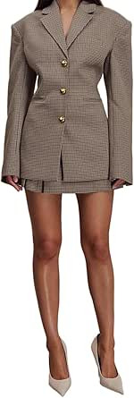 Women's Two Pieces Suit Houndstooth Single Breasted Tuxedos Jacket Skirt for Wedding Formal | Amazon (US)