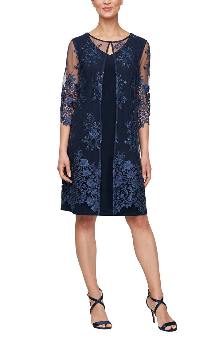 Short Sheath Dress with Elongated Embroidered Jacket | Alex Evenings