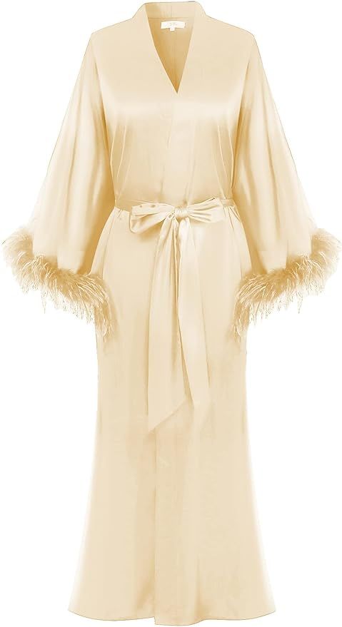 EverLove Women's Silk Satin Kimono Bridal Robe with Ostrich Feather Long Bathrobe Bridesmaid Part... | Amazon (US)