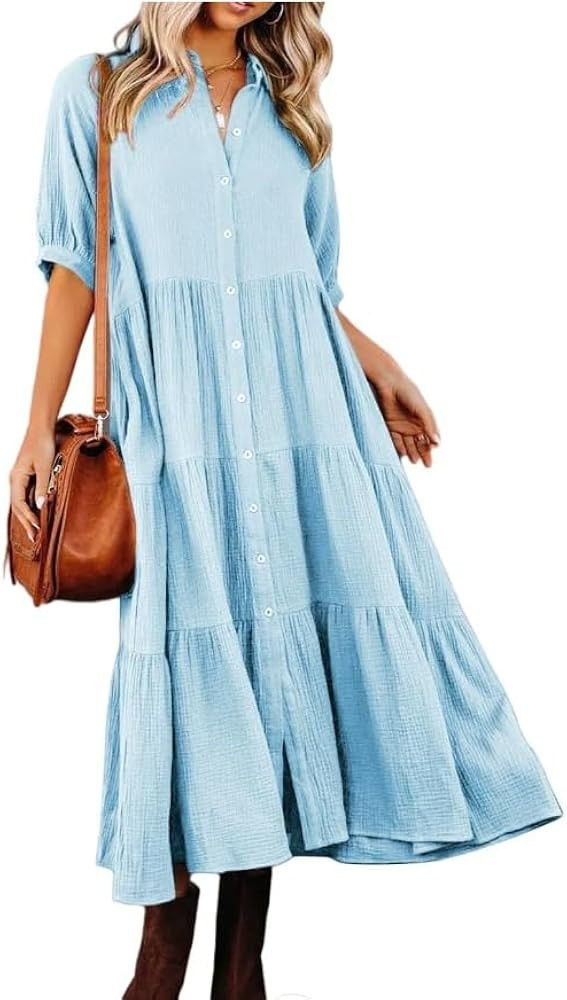 utcoco Womens Puff Sleeve Button Down Maxi Shirt Dresses Casual Loose Fit Tiered Swing A Line Cot... | Amazon (US)