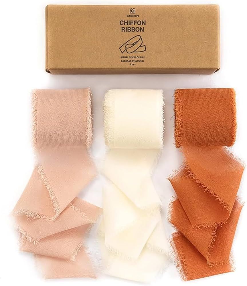 Amazon.com: Vitalizart 3 Rolls Handmade Fringe Chiffon Silk Ribbon 1.5" x 7Yd Green & Cream Ribbo... | Amazon (US)