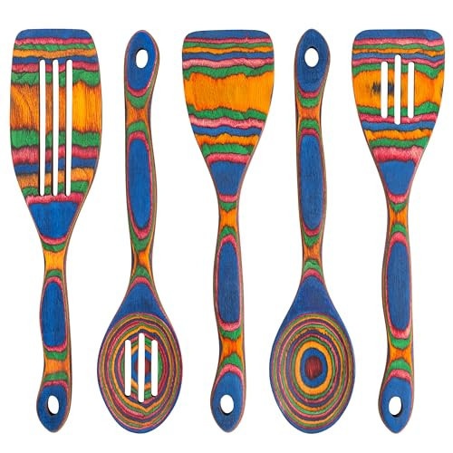 5pc Wood Cooking Utensils Set - Wooden Spoons for Cooking – Pakka Wood Utensils for Cooking and Serving – Comfortable Grip and Non Stick (Blue Rainbow) | Amazon (US)