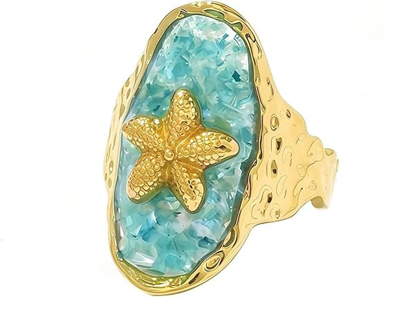 Starfish Ring for Women 18K Gold-Tone Plated Stainless Steel Adjustable Open Band Boho Ocean Jewelry Vintage Sea Shell Fragment Ring Comfort Fit Statement Piece for Summer Beach Holiday Daily Wear | Amazon (US)