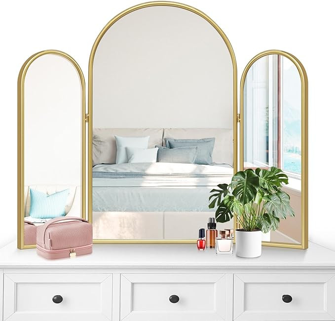 Tri-Fold Vanity Mirror 3 Way, 37"x30" Gold Arched Vintage Mirror with Metal Frame, Rotation for B... | Amazon (US)