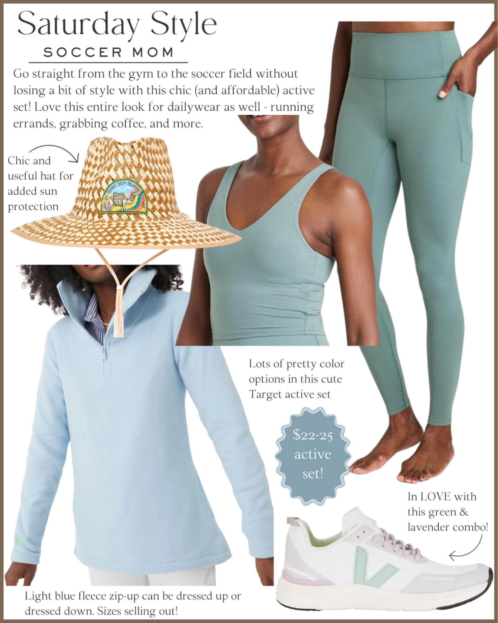 Casual activewear outfit for moms. Love the color of this target activewear set - sage green leggings with a picket and tank top. Pair with this beautiful light blue fleece pullover from Dudley Stephens, a sun hat, and these adorable green and lavender purple Vejas sneakers. 

Casual Outfit, comfy, ootd, classic, mom style, soccer mom, athleisure, activewear, Target style #targetstyle #targetfind #activewear #momstyle 

#LTKstyletip #LTKSeasonal #LTKfindsunder50