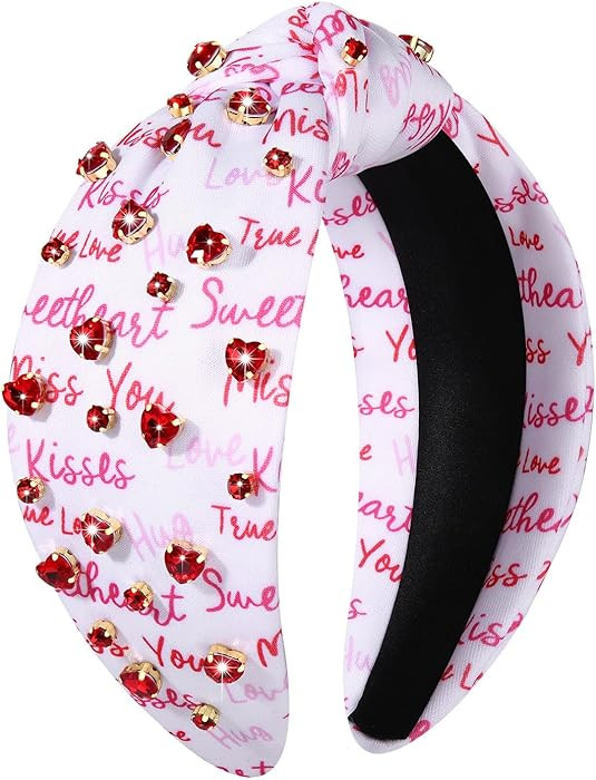 Valentines Day Headband for Women Kisses Sweet Heart Headband Crystal Jewel Embellished Knotted H... | Amazon (US)