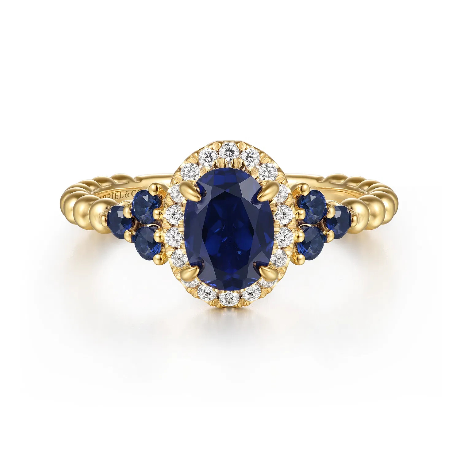 14K Yellow Gold Bujukan Diamond Halo and Oval Blue Sapphire Fashion Ring | Gabriel & Co. Fine Jewelry And Bridal